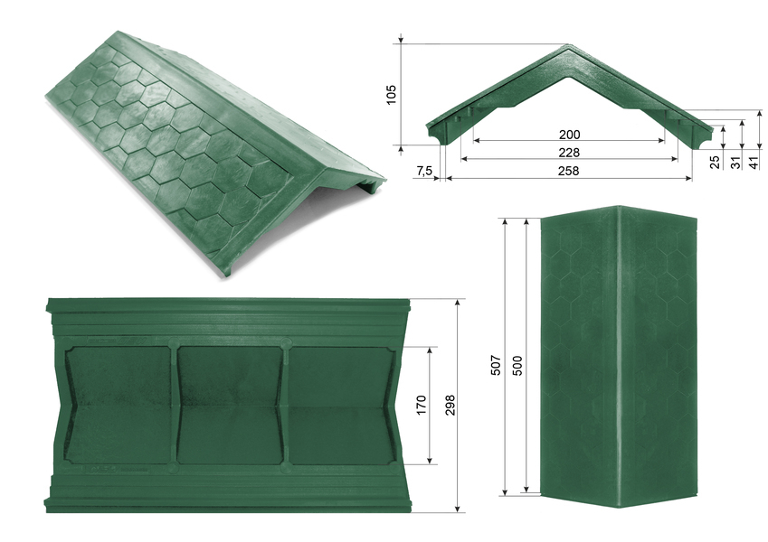 Полимерпесчаный парапет на забор 1 кирпич "Песчанка", Гибкая черепица, зеленый, 500х258х25 (507х298х25) мм 