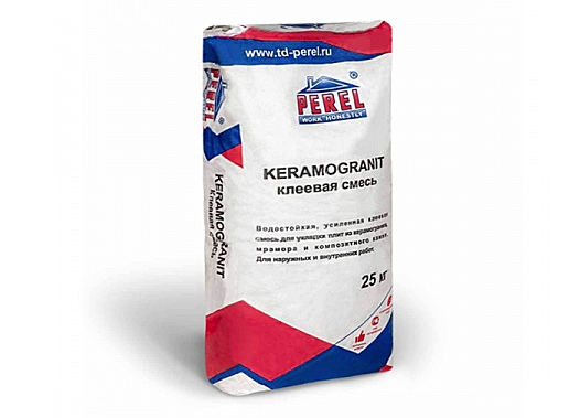 Клей Perel Keramogranit для укладки керамогранита, мрамора и искусственного камня, цементный, мешок 25 кг
